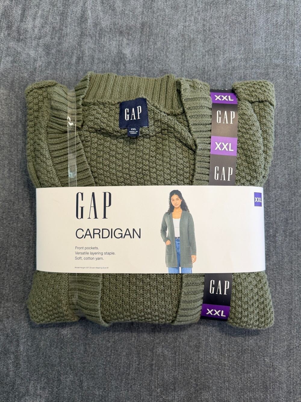 NWT Gap Long Sleeve Open Cardigan Women's 2XL Olive Green Front Pockets Winter